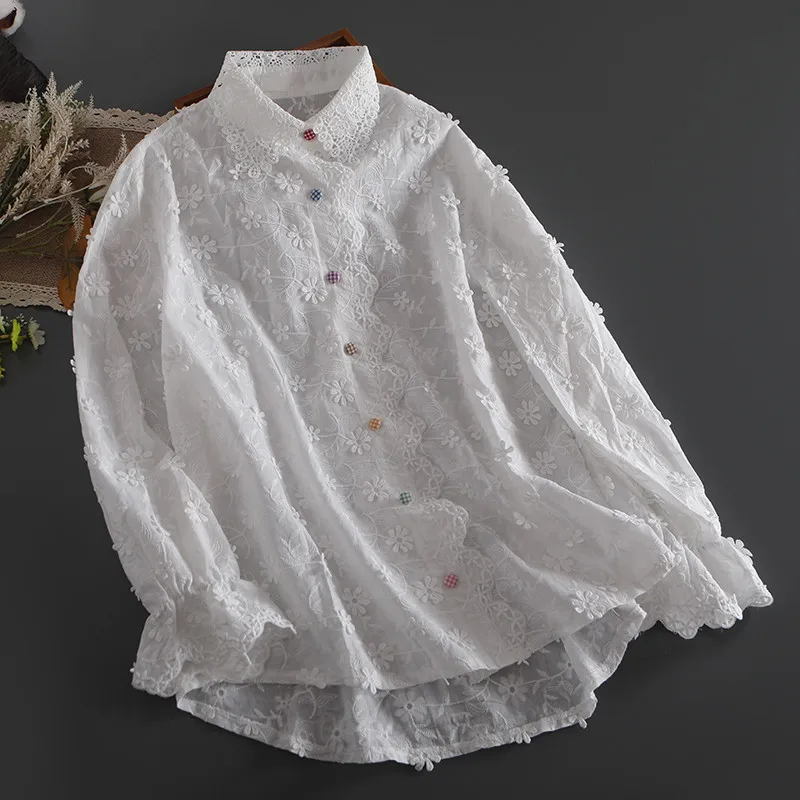 

Lamtrip 3D Vine Flowers Kawaii Stitch Romantic Forest Style White Turn Down Collar Embroidery Blouse Long Sleeve Cotton Shirt