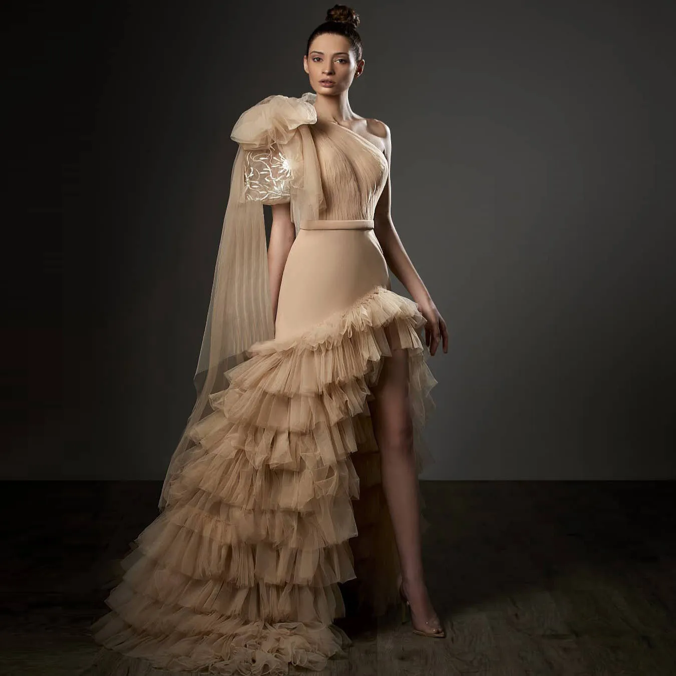 

Temperament Prom Dress One-Shoulder Lace-Up Asymmetrical High Said Slit Ruffle Tulle Sweep Train Evening Dresses Custom Made