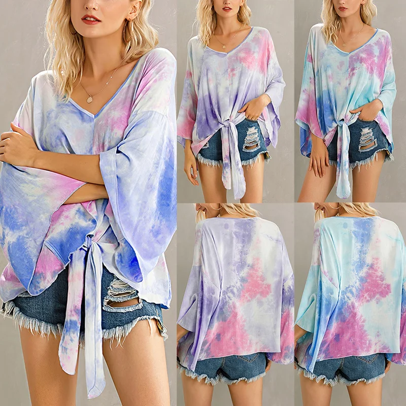 

Summer Tie-Dyed Color Loose V-Neck Flared Sleeve Knotted Women's Top