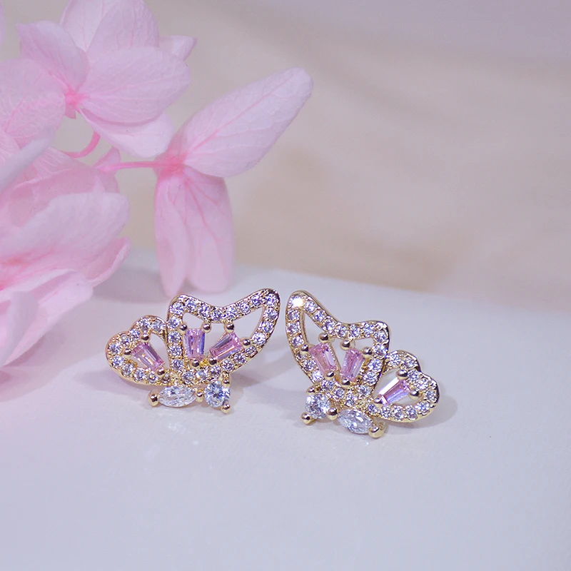 

Ins Hot 14k Real Gold Jewelry Butterfly Wing Shape Earrings for Women Top High Quality AAA Shiny Zircon S925 Silver Needle Gift