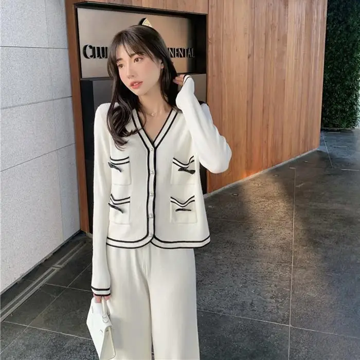 

Женский трикотажный комплект из 2 предметов, элегантный кардиган с V-образным вырезом и брюки, спортивный костюм в офисном стиле, V221, весна-ле...