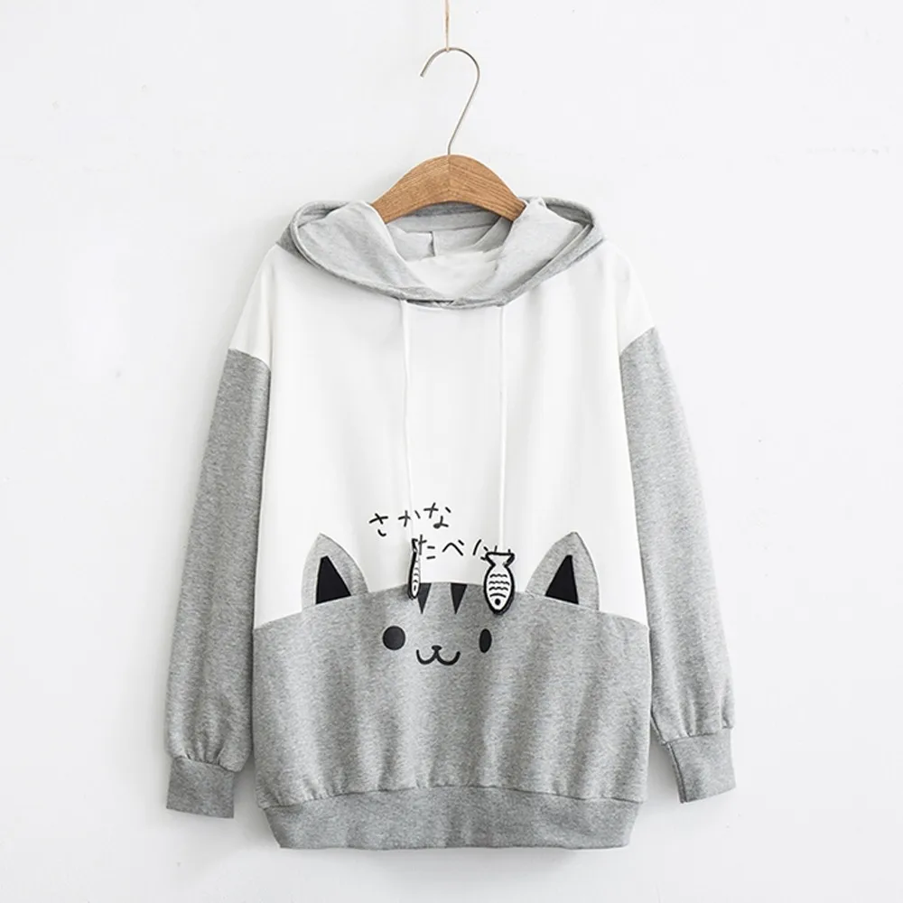 Womens Casual Sweatshirt Long Sleeve Cute Cat Print Pocket Thin Hoodie Top Streetwear Women Oversized Hoodies Moletom Feminino