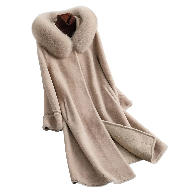 

JCHB 2021 Real Fur Coat Women 100% Wool Female Jacket Winter Clothes Hooded Fox Fur Collar Fashion Coats Ropa De Mujer 1957 Pph