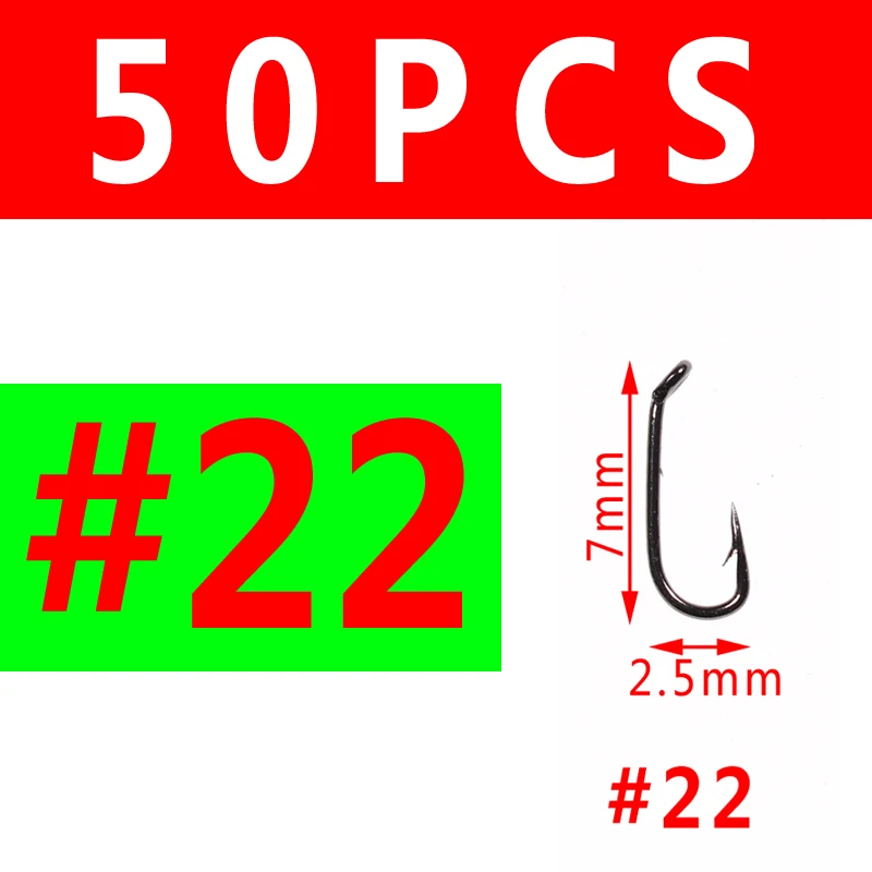 50PCS Size 22 Bimoo 50 шт. Fly Fishing Сухой Fly Hook 2X Стандартный Провод Nymph Hook Черный никель отделка для завязывания мух материал размеры 14 16 18 20 22 - Цвет: 50PCS Size 22