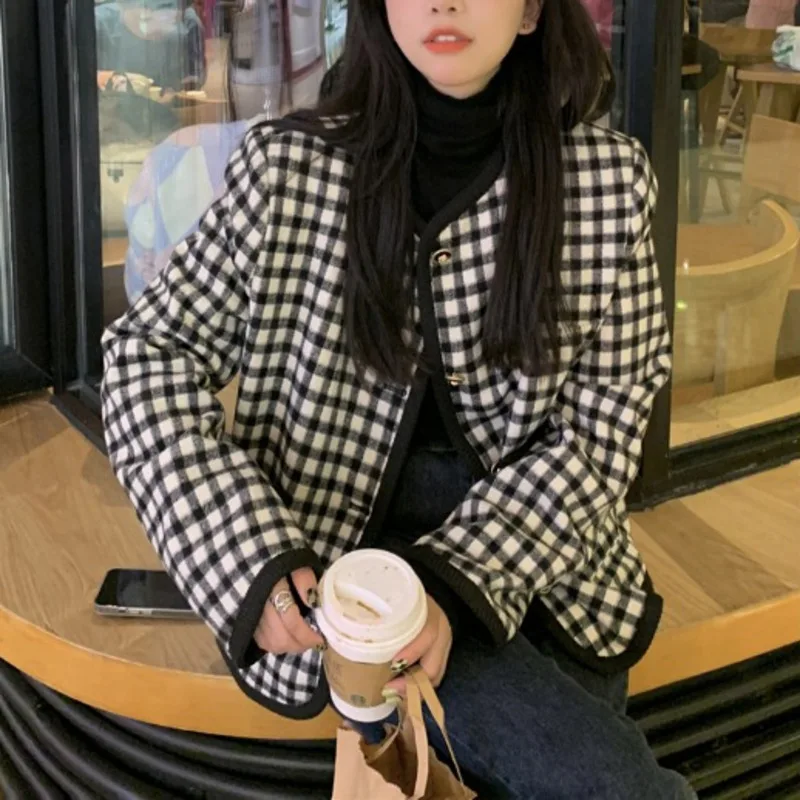 

Женский утепленный пиджак контрастных цветов на осень и зиму, шикарный Повседневный Универсальный клетчатый Топ, женская одежда