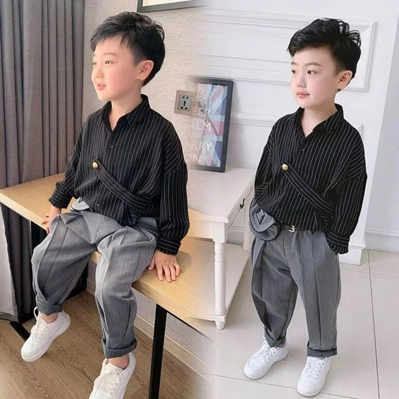 Baby Personalized Design Spring and Autumn Kids Suit Boys 2-piece-sets for 2-13Y Kids Clothing Children's Striped Shirt+ Pants