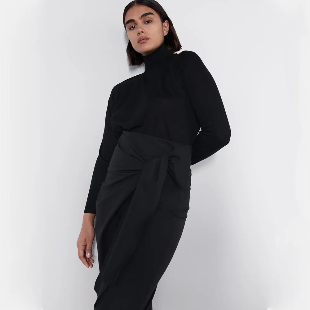 Женские брюки с завышенной талией ZA черные свободные тонкие брюки-костюмы бантом