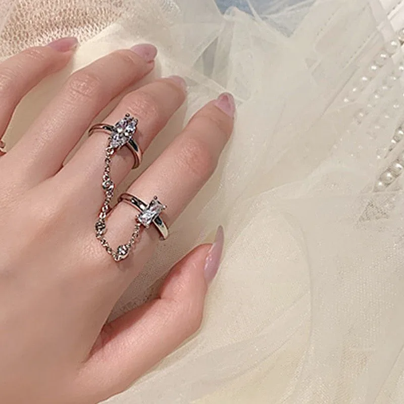 

Zircon Crystal Chain Opening ring Hip-hop Punk Personality Contracted Index Finger Ring Women Jewelry Wedding Accessories 2021