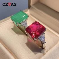 oevas 100 925 sterling siler sparkling 1212mm square synthetic emerald ring ruby wedding rings for women party fine jewelry