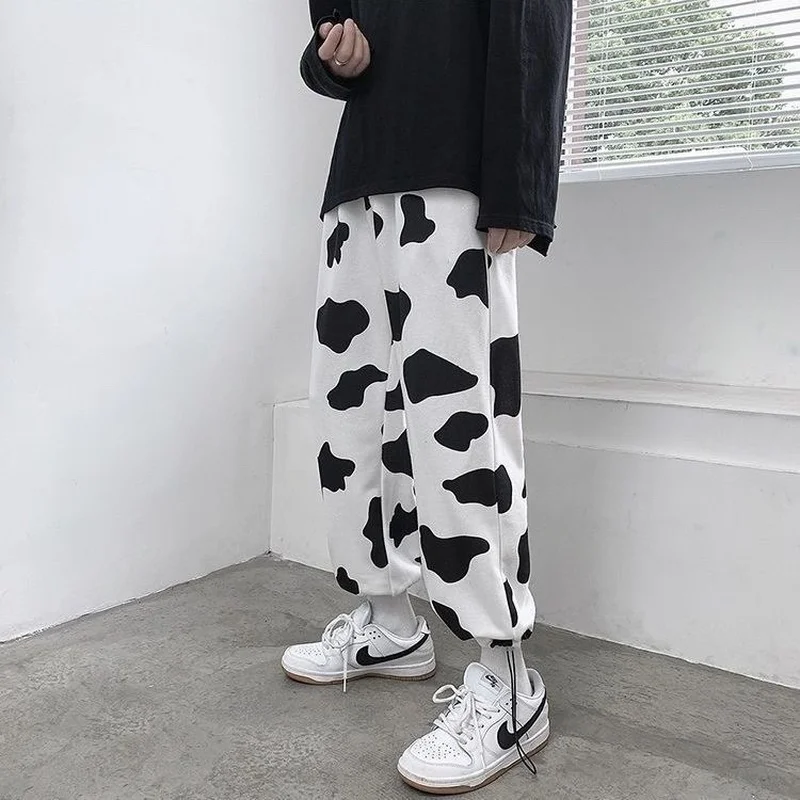 

HOUZHOU White Cow Print Harajuku Harem Pants Streetwear Women Hip Hop Korean High Waist Casual Trousers Autumn Fashion Loose