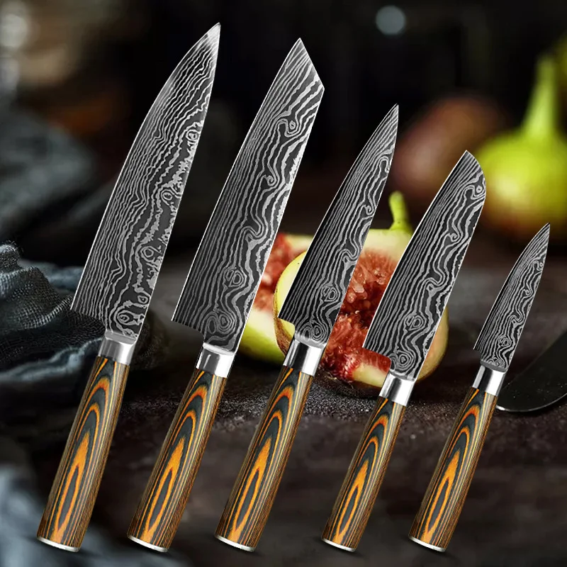 

Damascus Laser Grain Stainless Steel Knife Set With Knife Set Steel Knife Kitchen Knives Japanese Knife Peel Knife 5-piece Set