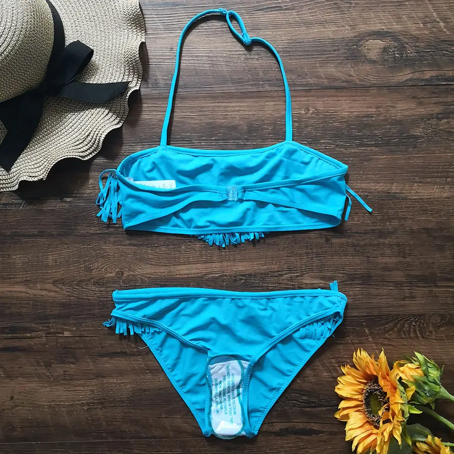 9-14 Years Girl Swimsuit Kids Swimwear Tassel Teenage Bikini Set Halter Top Girls Bathing Suit 2 Piece Children's