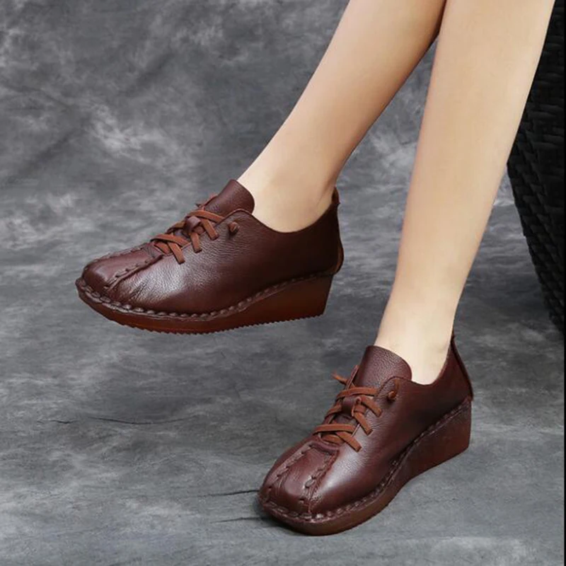 

Womens Retro Wedges Casual Shoes Soft Leather Comfortable Female Loafers Casual Flats Platform Shoes Woman Comfortanble Creepers