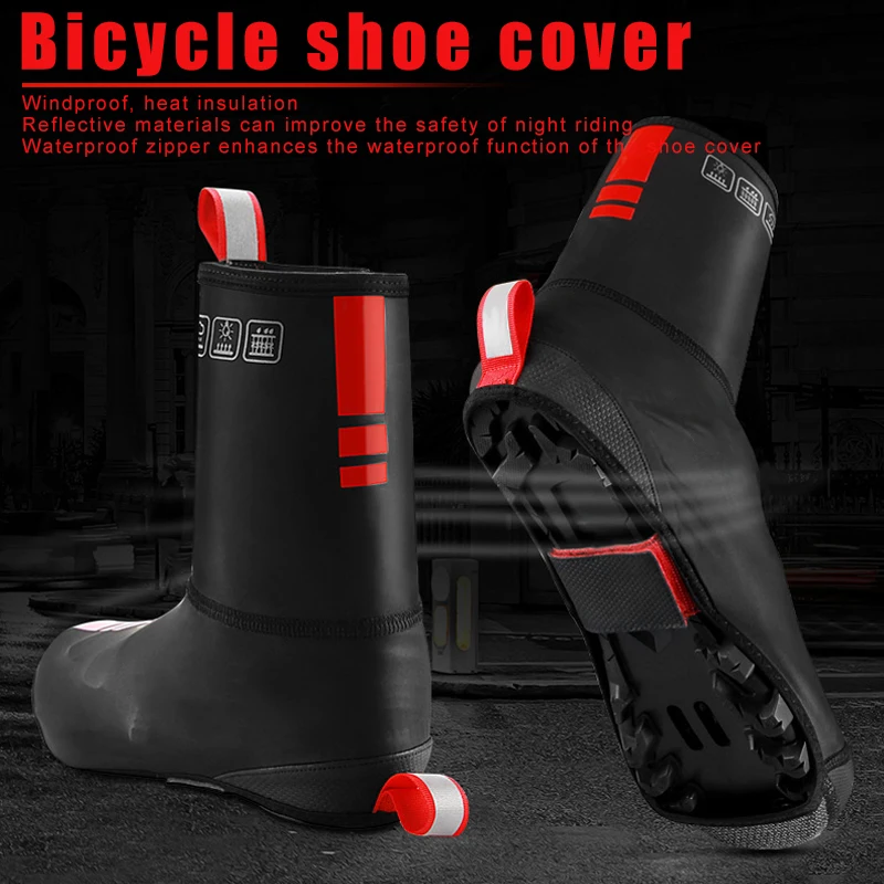 

1 Pair Bike Shoe Covers Cycling Overshoes PU Leather Waterproof Reflecetive Piece for Winter WHShopping