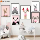 Детский постер, розовый воздушный шар, животное, кролик, настенное искусство, холст, фотопечать, украшение для детской спальни в скандинавском стиле, картина