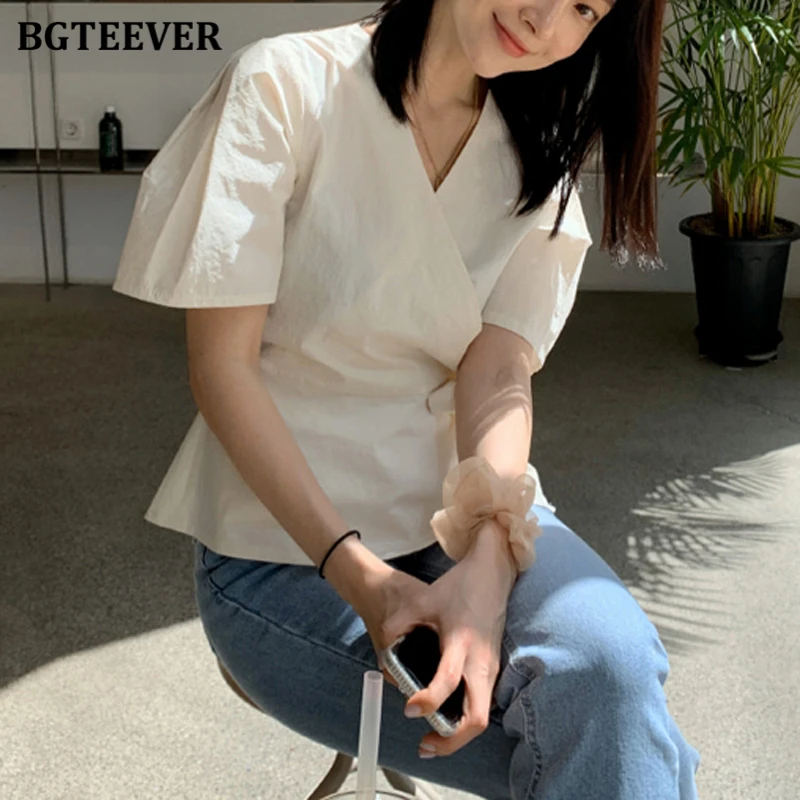 Элегантные женские рубашки BGTEEVER с V-образным вырезом блузки повседневные