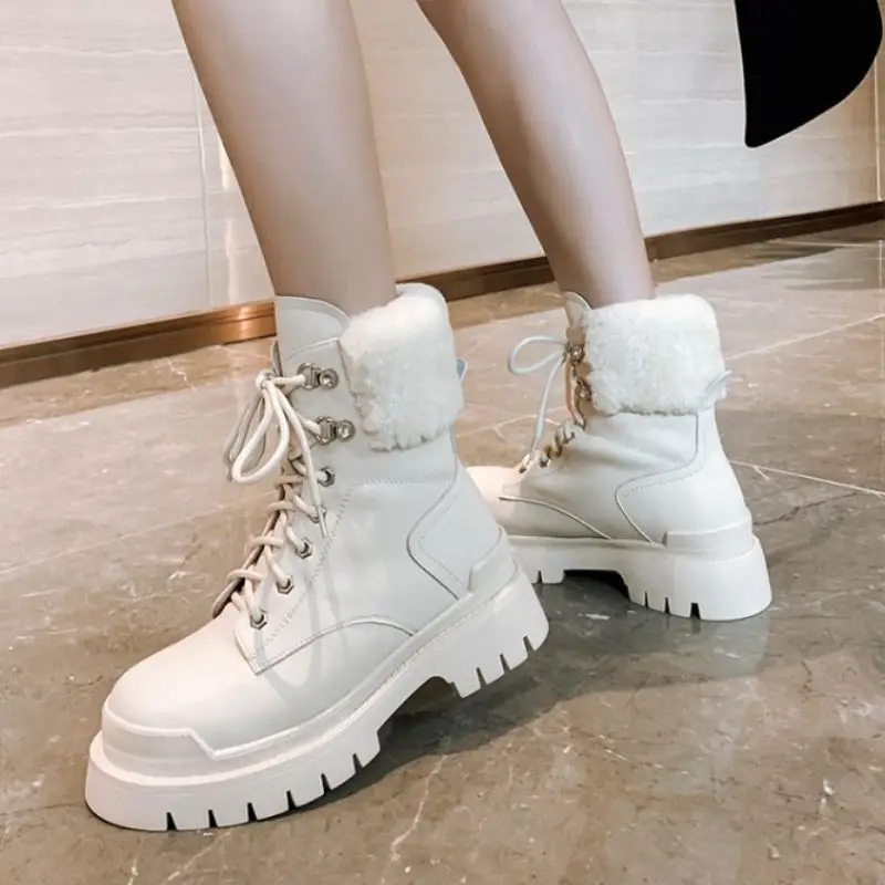 

RIZABINA Real Leather Women Short Boots Warm Fur Fashion Platform Winter Shoes Woman Plush Cross Strap Footwear Size 34-39