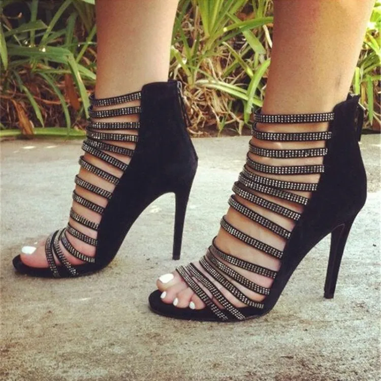

ASHIOFU Handmade Women High Heel Sandals Crystals Stripped Peep-toe Party Summer Shoes Faux-leather Evening Fashion Sandals