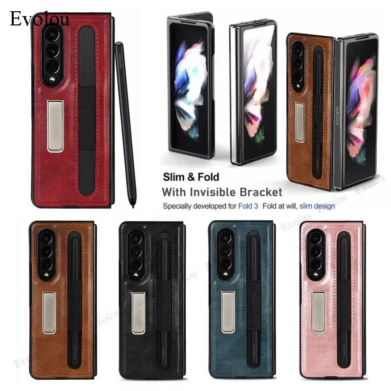 

For Samsung Z Fold 3 Case with S Pen Holder Leather Invisible Bracket Cover for Galaxy Z Fold 3 5G Stylus Pen Socket SM-F926B