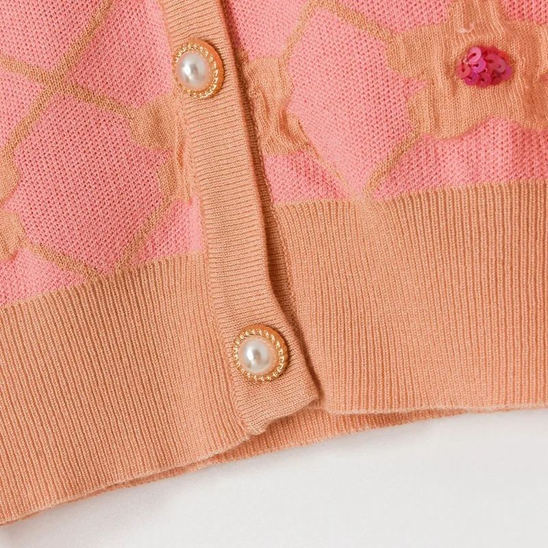 

2021 Summer Fashion New Floral Plaid Seqins thin knitted Cropped Cardigan Women Short sleeve Cute Top Short Jersey Shirt