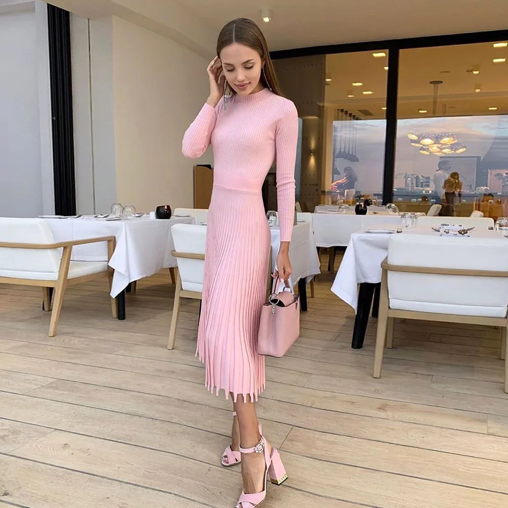 

Pleated Dress Solid Tassel Slim Loose Knitted Sweater Dress Office Ladies Autumn Oversized Dress
