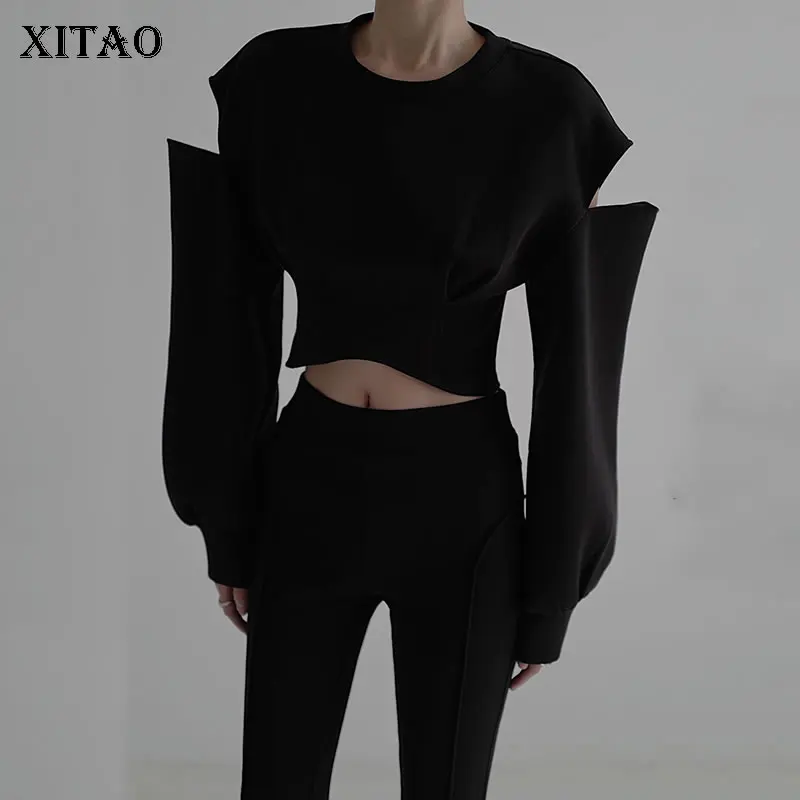 

XITAO/2022 Женская толстовка с открытыми плечами и длинным рукавом, плиссированный короткий топ, новинка, GWJ2553