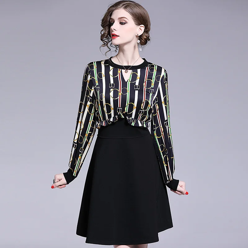 

2020 new spring and summer women's dress temperament commuting waist show thin round neck long sleeve printing fake two dresses