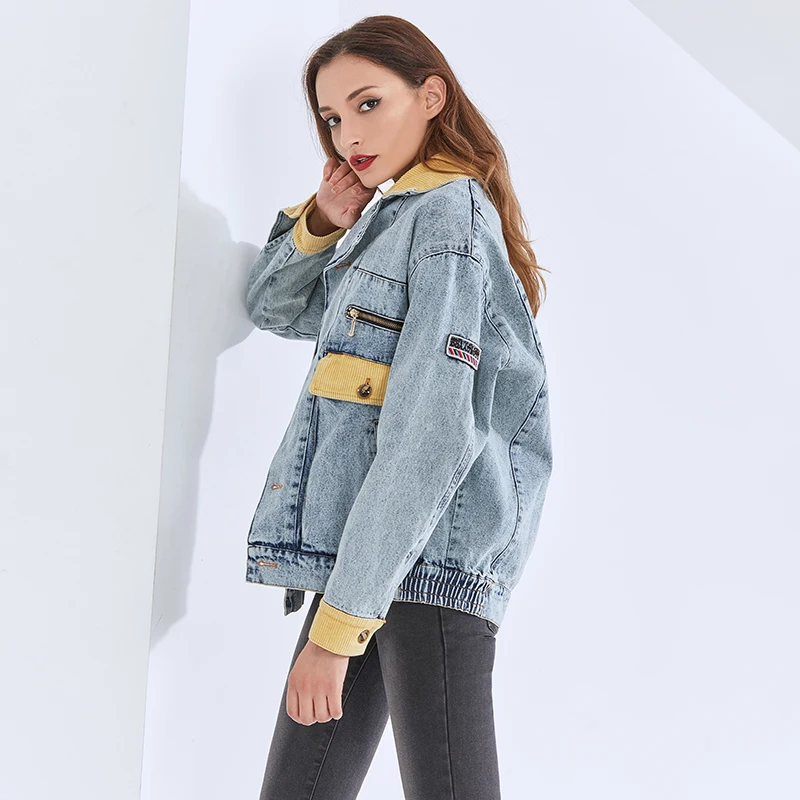 

TWOTWINSTYLE Vintage Patchwork Hit Color Denim Jacket For Women Lapel Long Sleeve Casual Korean Coat Female 2020 Fall Fashion