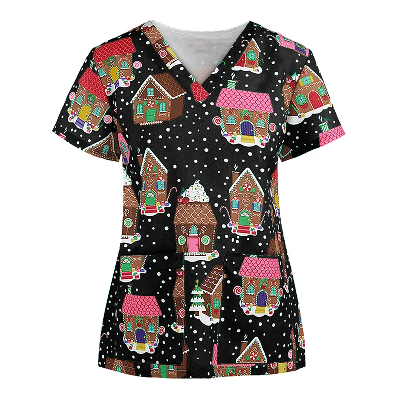 

S-3XL 17Styles Christmas Cartoons Printed V-neck Short Sleeve Nurse Working Uniform Casual Breathable Women Surgical Gown Tops