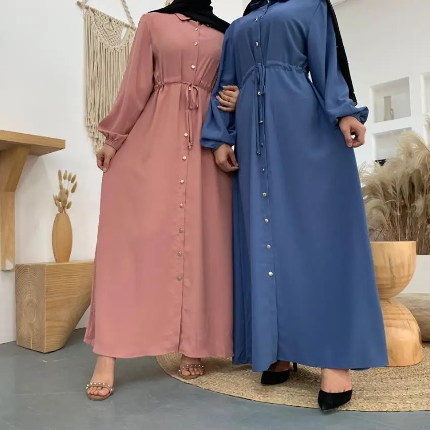 Tek göğüslü gömlek tarzı saf renk basit açıldı müslüman uzun elbise peignoir moda dubai islamic abayas hizmet giyim