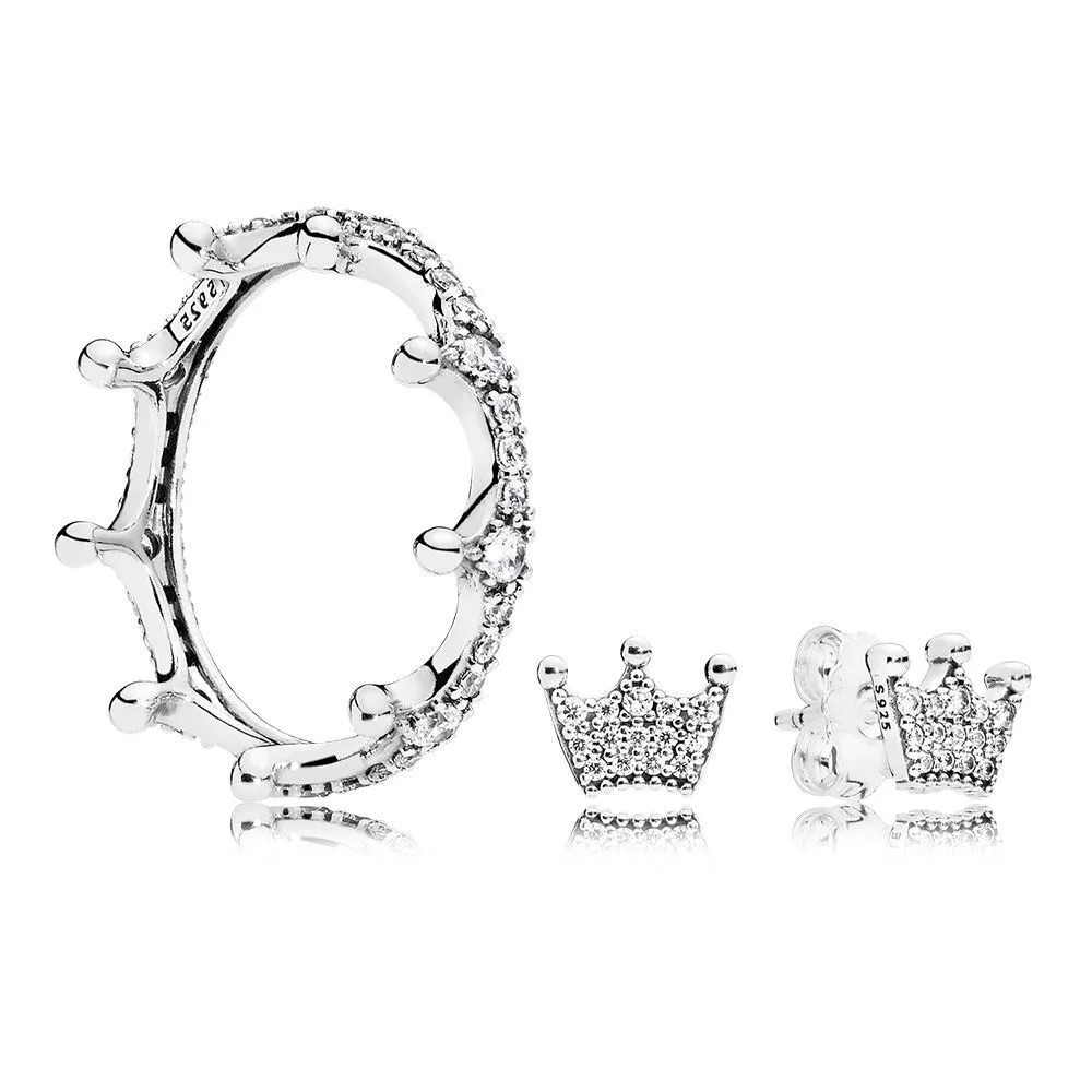 

NEW 100% 925 Sterling Silver Simple and Elegant Original ENCHANTED CROWN RING EARRING STUDS Set Charming Gift Recommended