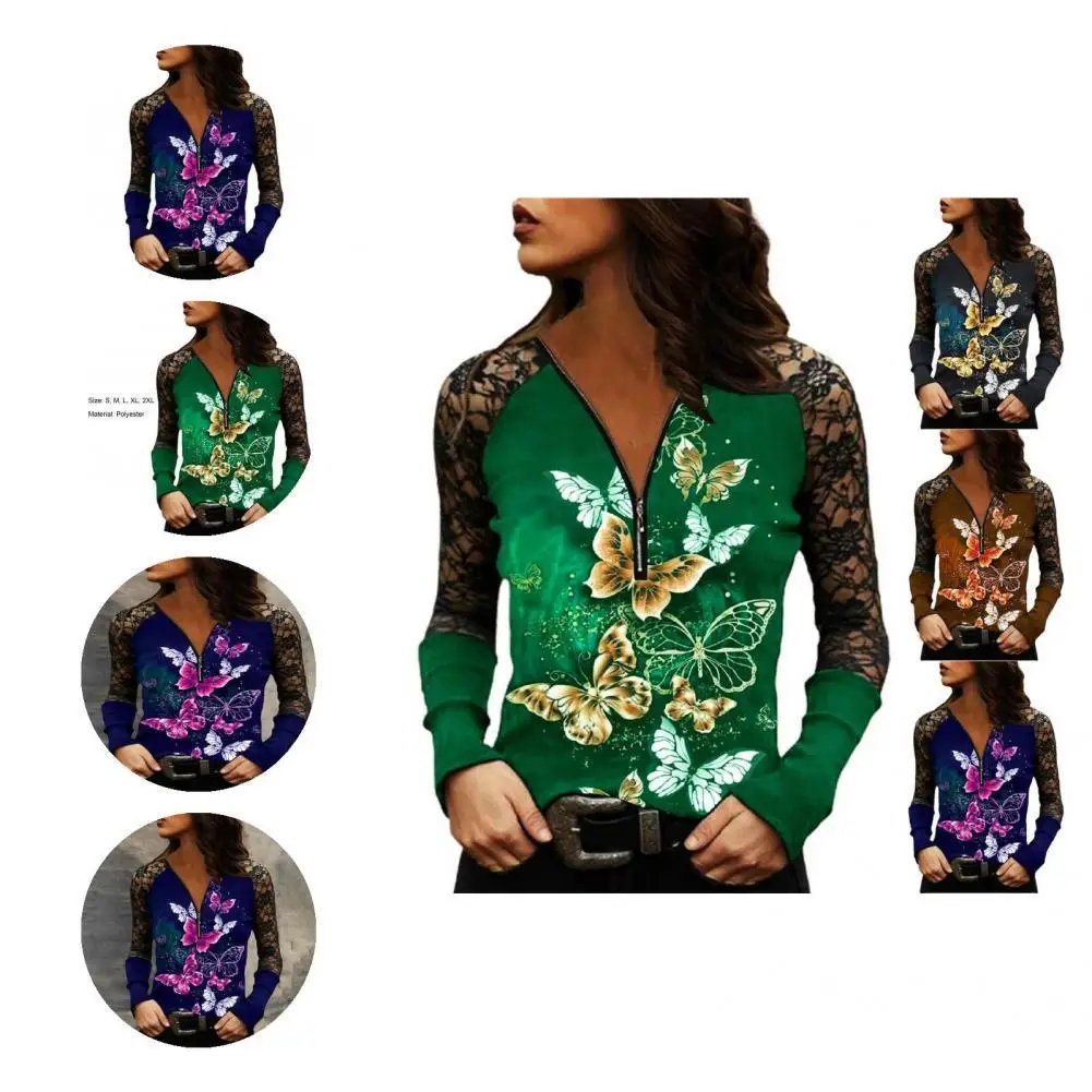 

Spring Blouse Hollow Out Women Shirt Zip-up Neck Lacework Women Shirt