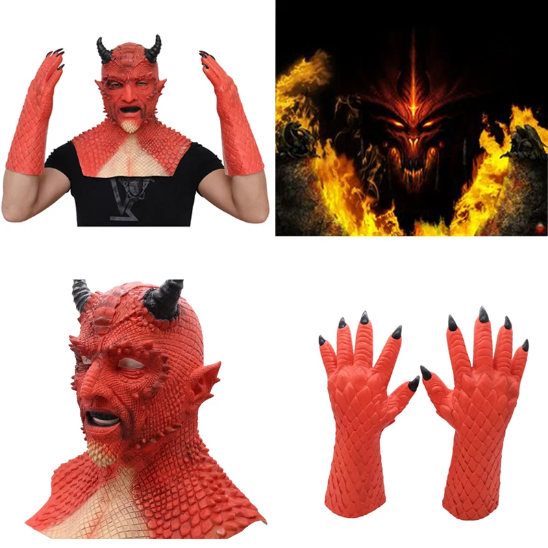 

Diablo Mask Game Boss King Of Lies Cosplay Belial Latex Women Men Demon Mask Headgear Gloves Halloween Party Costume Props