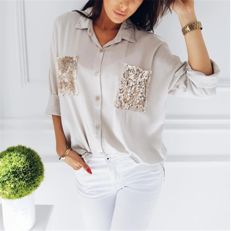 

2021 hirigin Fashion Women shirt Casual Long Sleeve Chiffon chest sequined pocket long sleeve Blouses Loose female Tops Blouse