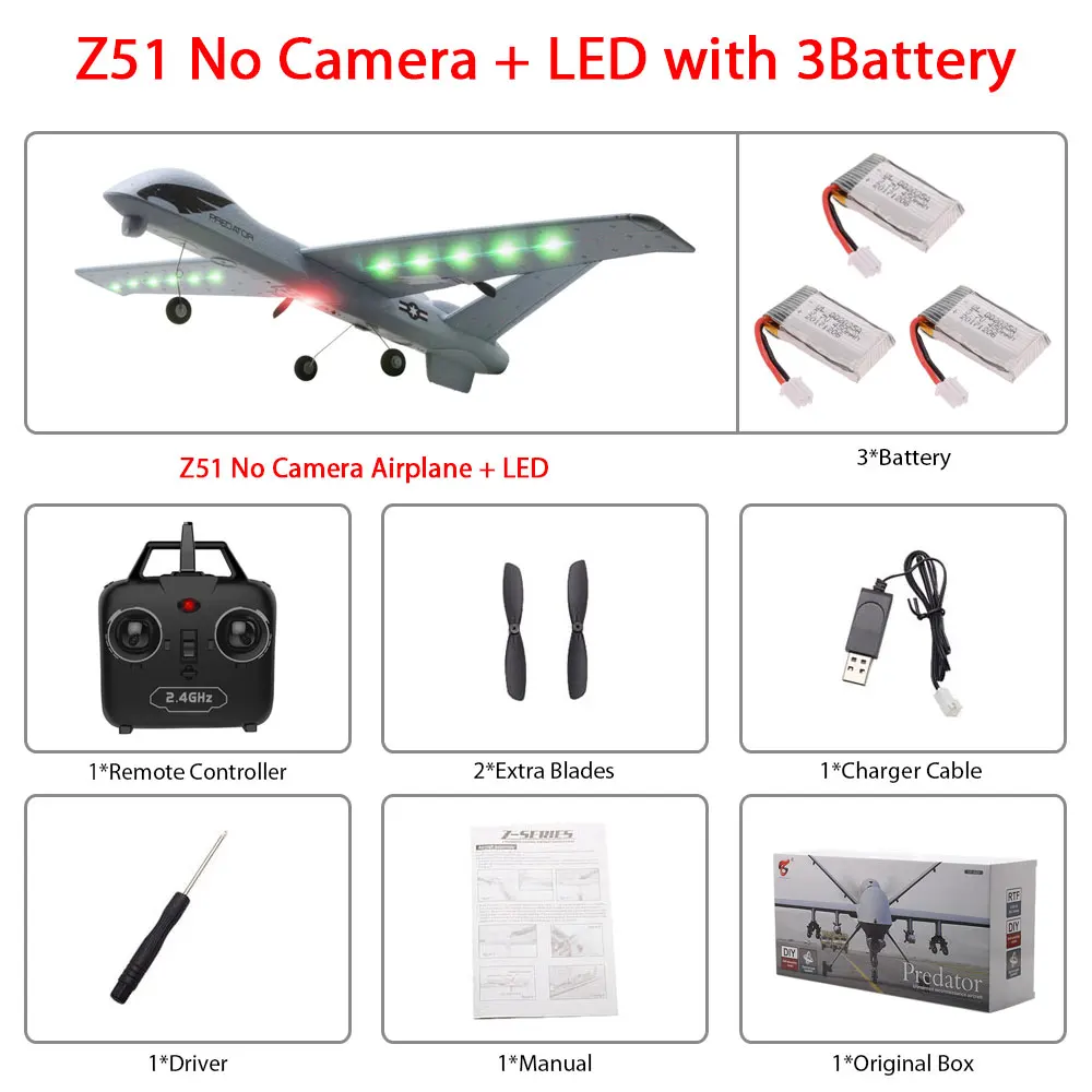Z51-Led 3B color box Радиоуправляемый самолет Z51 из ЕПП-пены с HD камерой 2 Мп или без камеры, 20 минут в полете - Цвет: Z51-Led 3B color box