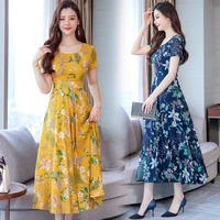2022 new summer korean dress womens casual short sleeve temperament large yellow red flower round neck dress