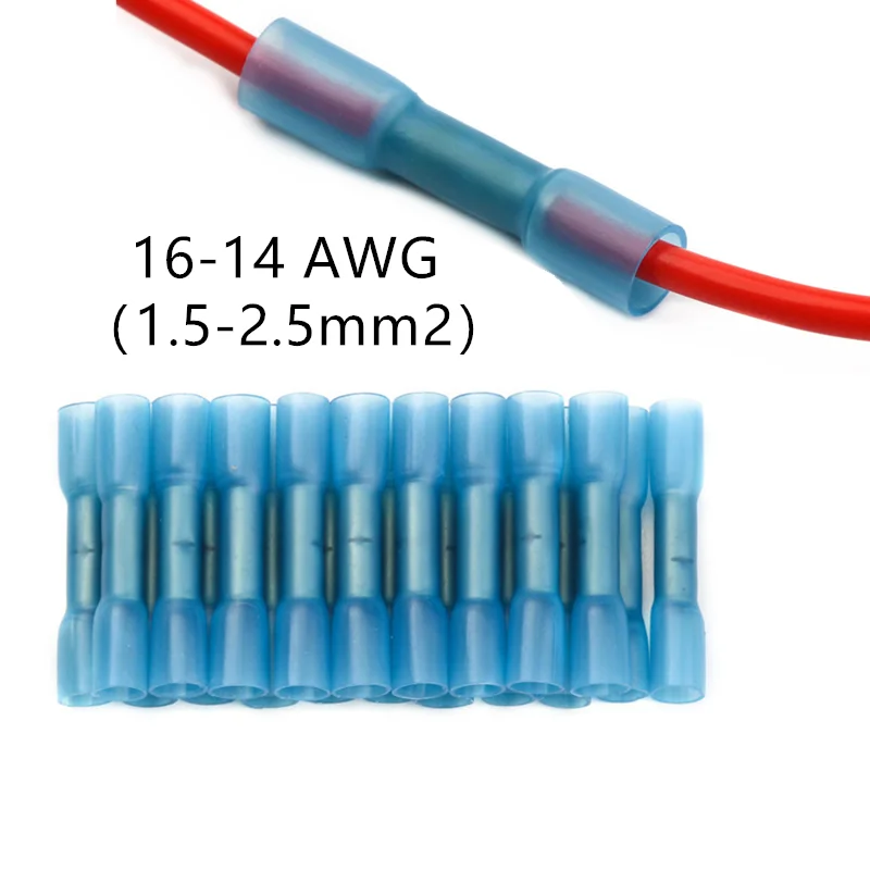 

25/50/100PCS Blue Heat Shrink Butt Terminals Insulated Electrical Wire Connectors 16-14 AWG Cable Crimping Terminals Connector