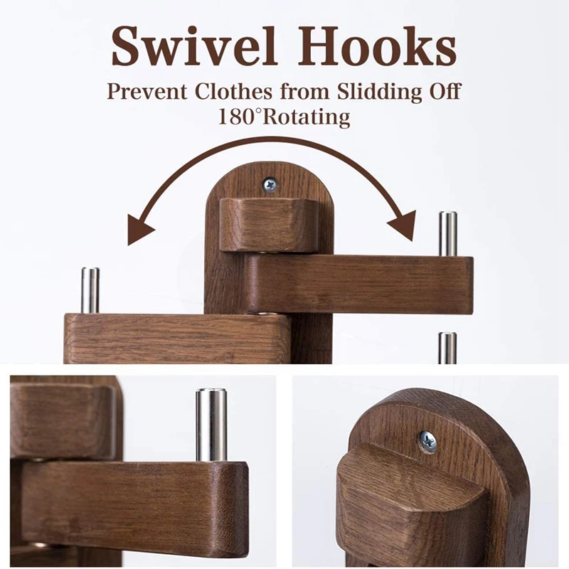 

Coat Hooks, Oak Wood Swivel Hooks Wall Mounted Towel Hook with 5 Folding Swing Arms-Foldable Rotating Coat Hanger