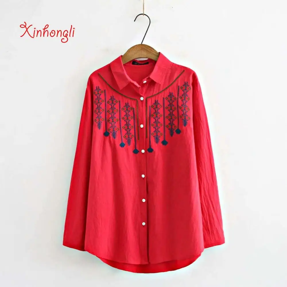 

Женская Свободная блузка с вышивкой размера плюс, Новая повседневная рубашка красного, белого и темно-синего цвета на весну и осень, 2020