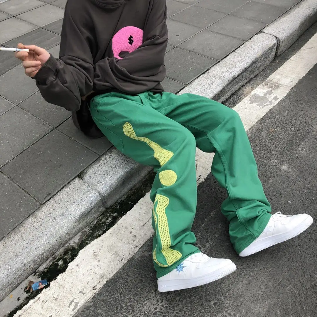 Bone Embroidery Green Jeans Mens High Street Design Hip Hop Streetwear Loose Straight Trousers Kapital Cargo Pants Male Joggers | Мужская