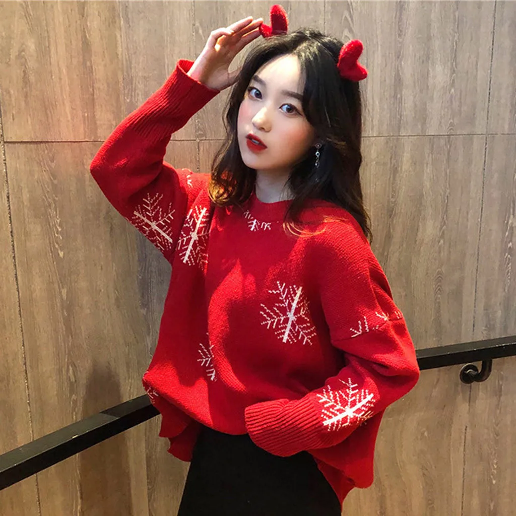 Christmas Women Sweater Santa Claus Reindeer Printed O-neck Long Sleeve Women Pullovers Winter Jumpers Knitwear Sweater