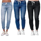 Женские повседневные брюки-джоггеры на шнурке, джинсы с эластичной талией, однотонные женские джинсовые брюки, облегающие леггинсы