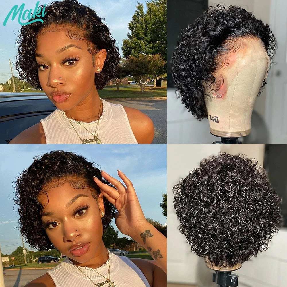 Maki Hair Short Curly Wig Pixie Cut Wig Human Hair Brazilian Hair Color Wig Bouncy Lace Frontal Wigs 13x1 Lace Human Hair Wigs