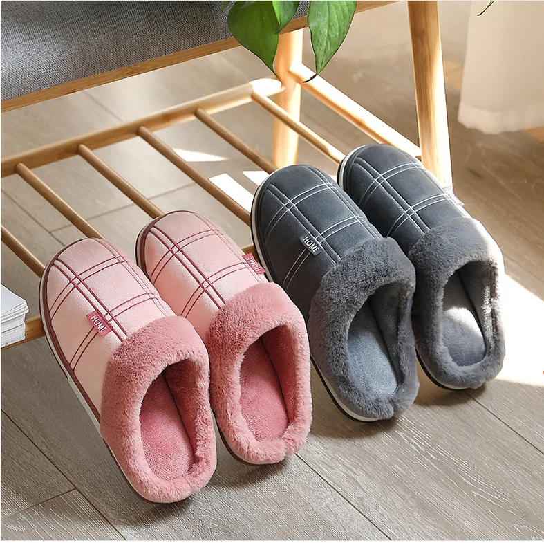

Мужские Зимние Замшевые шлепанцы в клетку, плюшевые бархатные домашние тапочки для мужчин, Нескользящие водонепроницаемые женские тапочки...