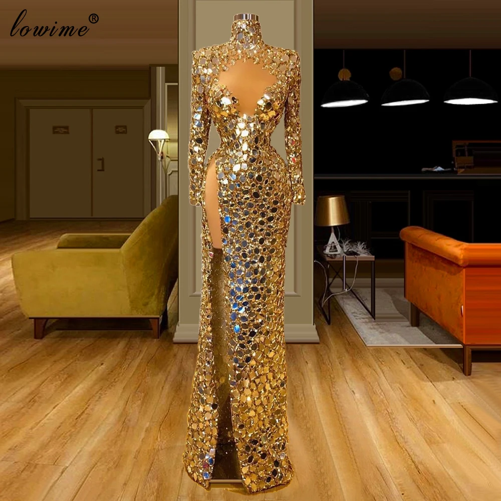 Dubai Muslim Shiny Gold Prom Dresses Long Mermaid Formal Evening Dresses Woman Party Night High Neck вечернее платье Gowns Robe