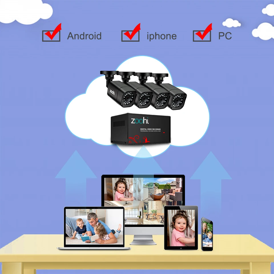 Zoohi CCTV 2CH 720 P/1080 P комплект камеры AHD P2P HDMI H. 264 DVR система видеонаблюдения Водонепроницаемая наружная камера безопасности комплект