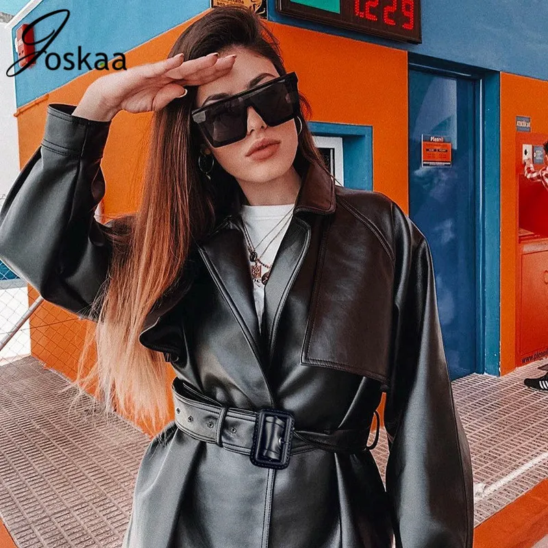 Joskaa из искусственной кожи Тренч Женский Тонкий мото черное кожаное пальто с поясом отложной воротник панк для женщин Blusas
