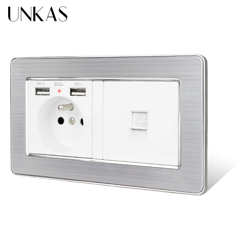 Штепсельная розетка UNKAS из нержавеющей стали с матовым серебристым корпусом