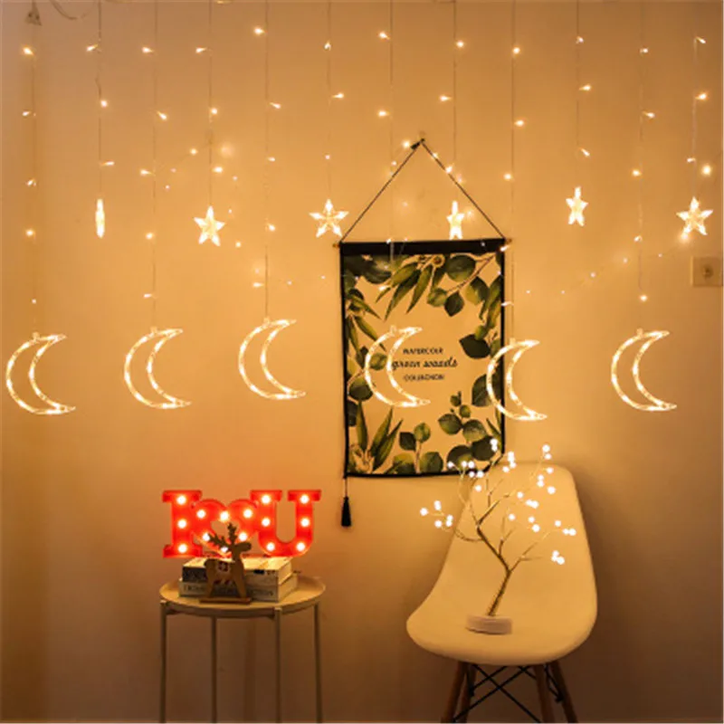 

Eid Al Adha Indoor Kareem Led Curtain Garland Eid Mubarak Star Moon String Light Ramadan Decoration Islam Muslim Party Decor