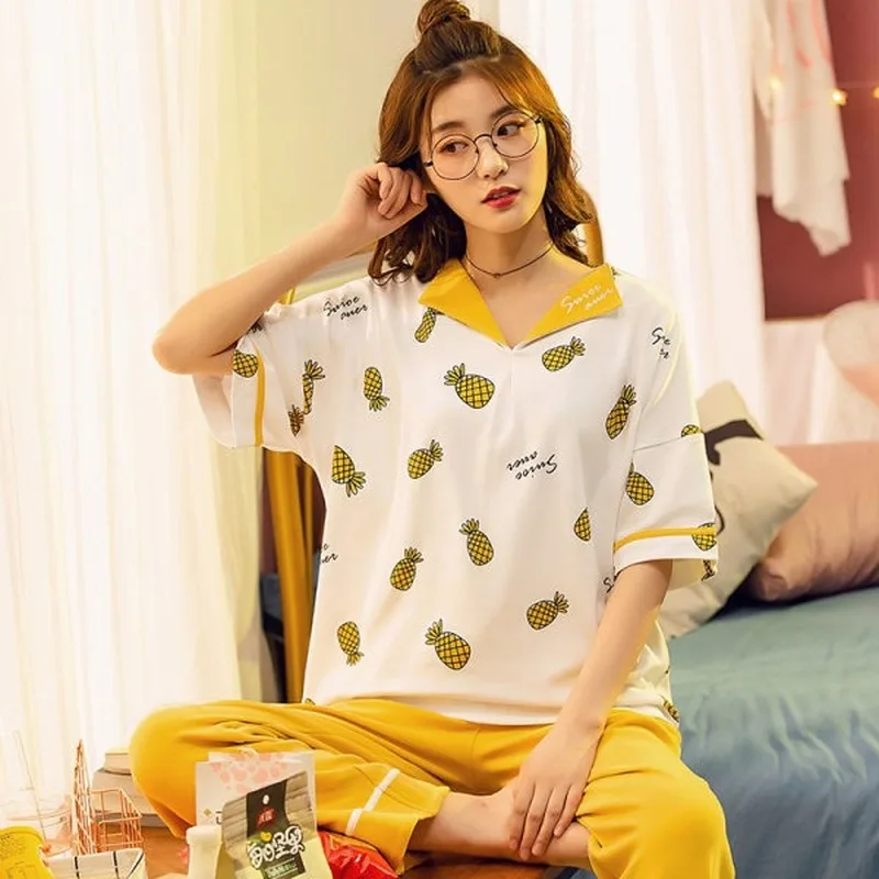 

Summer Women Short Sleeve Letter Pineapple Print Pajamas Set Lovers O Neck Home Sleepwear 2 Piece Suit Couple Cotton Pyjamas Set